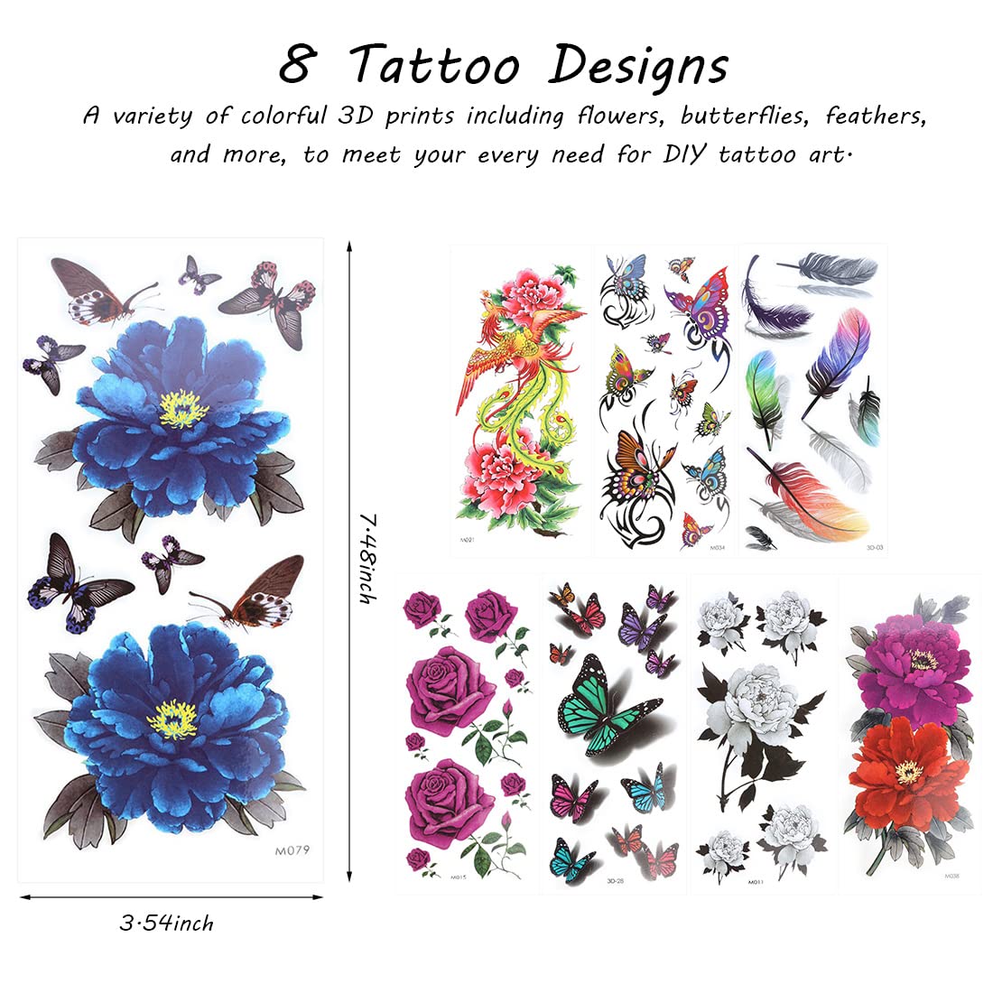 ZORBES 8 pcs Waterproof Colorful Assorted Pattern 3D Temporary/Fake Tattoos Art Sticker for Adult Men & Women for Arms, Legs, Face ZORBES 8 pcs Waterproof Colorful Assorted Pattern 3D Temporary/Fake Tattoos Art Sticker for Adult Men & Women for Arms, Legs, Face